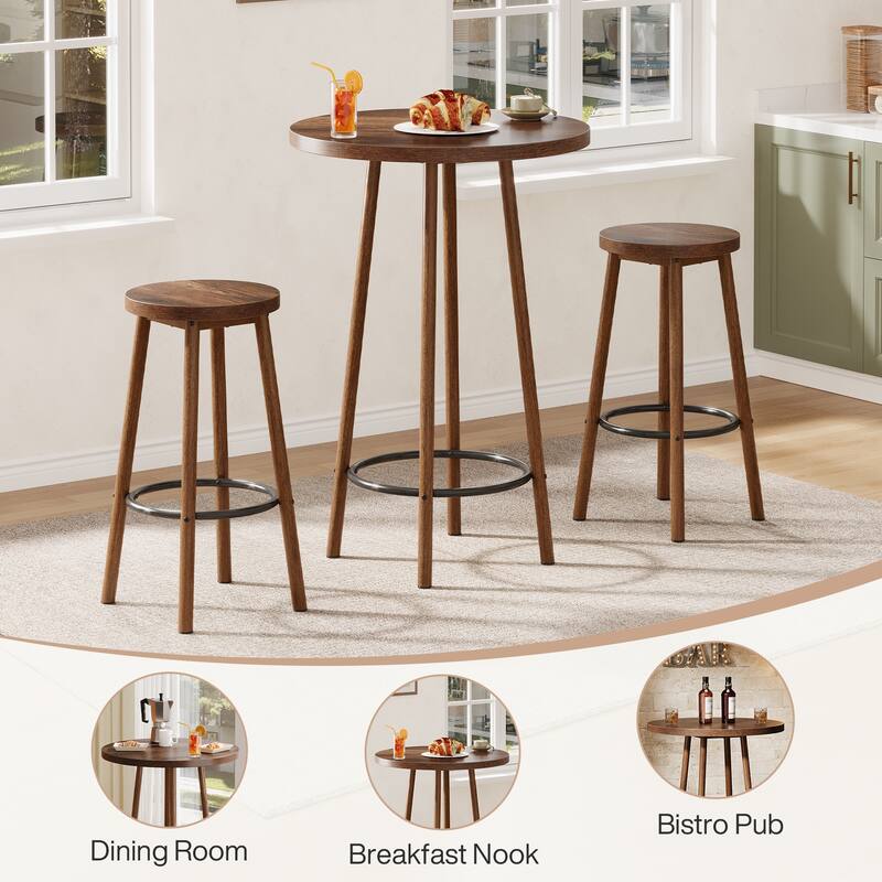 Industrial Pub Table Set: 23.6" Round Bar Table with 2 Stools