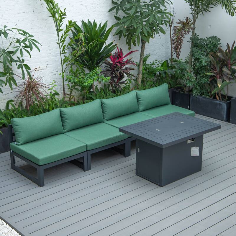 LeisureMod Chelsea 5-Piece Outdoor Patio Chairs and Fire Pit Table Set