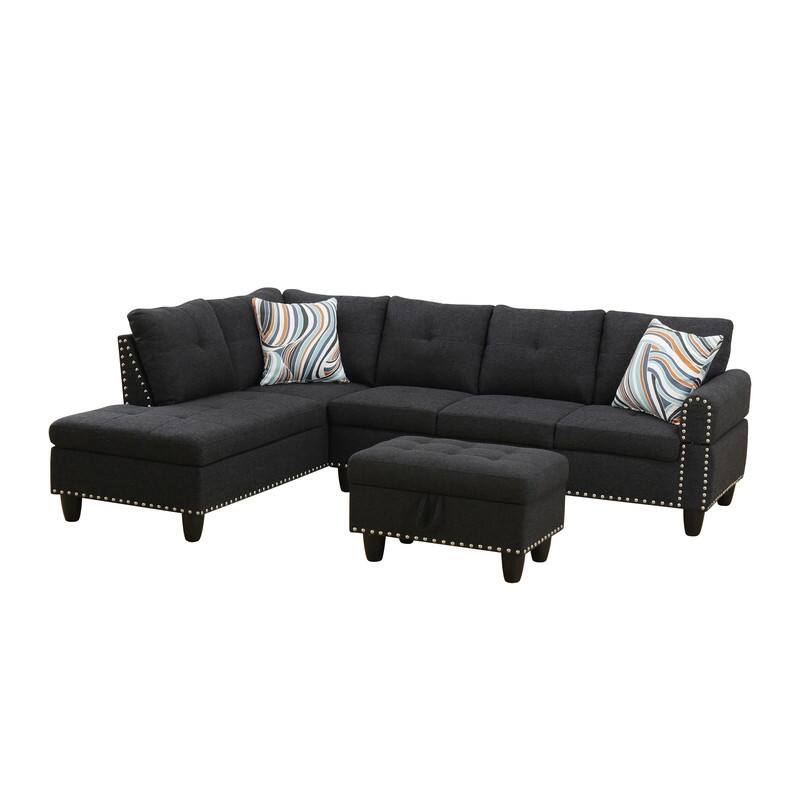 Modular Living Room Sectional with Storage Ottoman and Flip-Top Console, Black or Gray