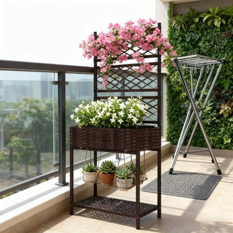Decorative Rattan Raised Garden Bed with Trellis & Storage Shelf