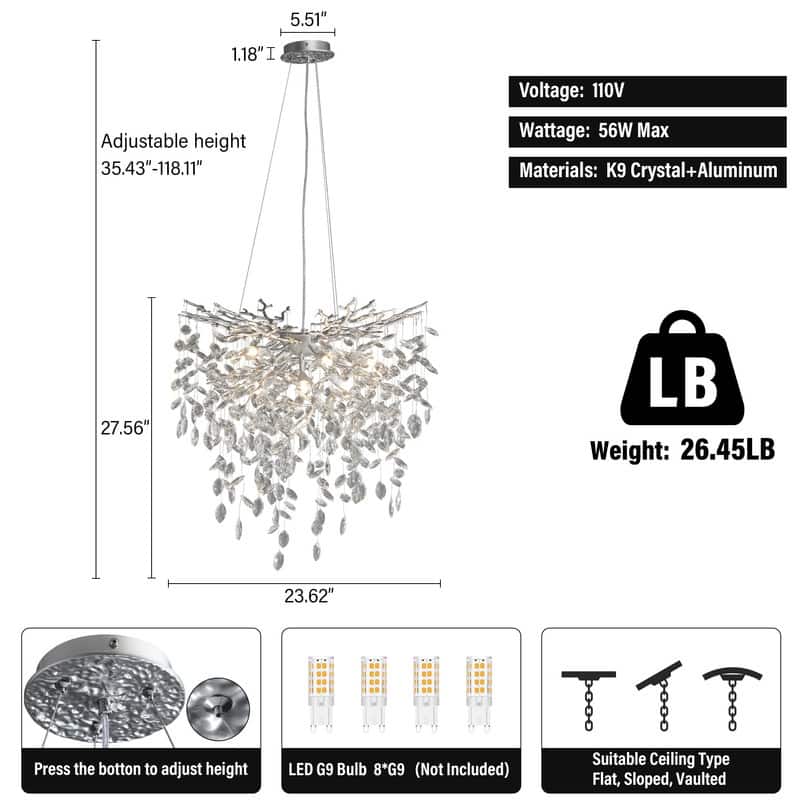 Modern Round Branch Crystal Chandelier, 600-1200mm Diameter, Marquise Cut Crystal Pendant Light