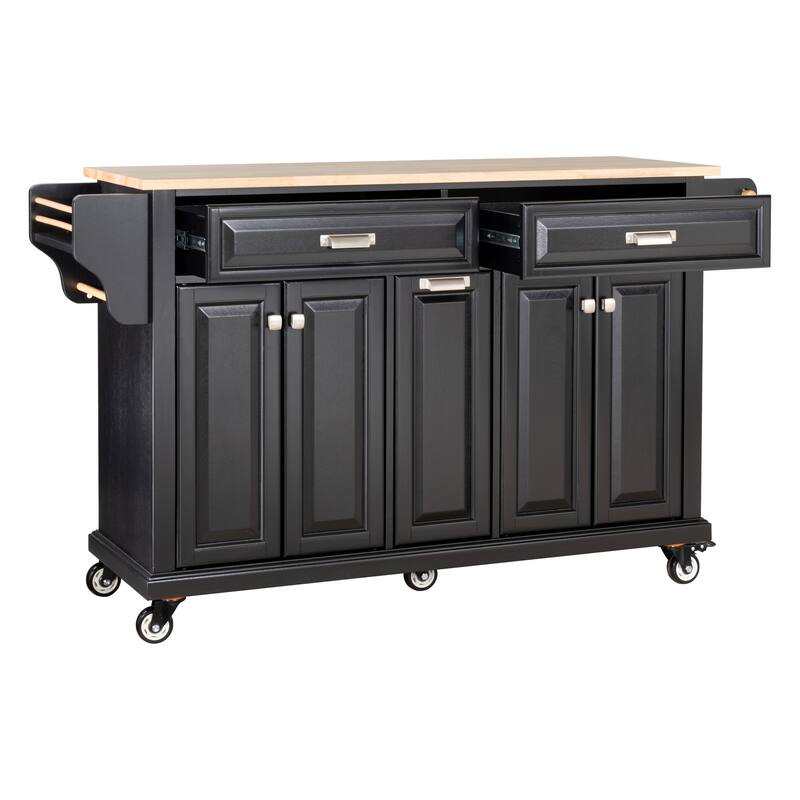 Kitchen Island with Rubber wood Countertop, Kitchen Cart on 5 Wheels with Storage Cabinet and 2 Top Drawers