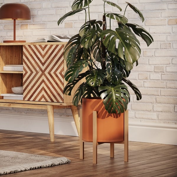 slide 2 of 9, Fluted Metal Planter Pot With 4-Leg Wood Base - Terracotta Color 12"H x 10"W x 10"D