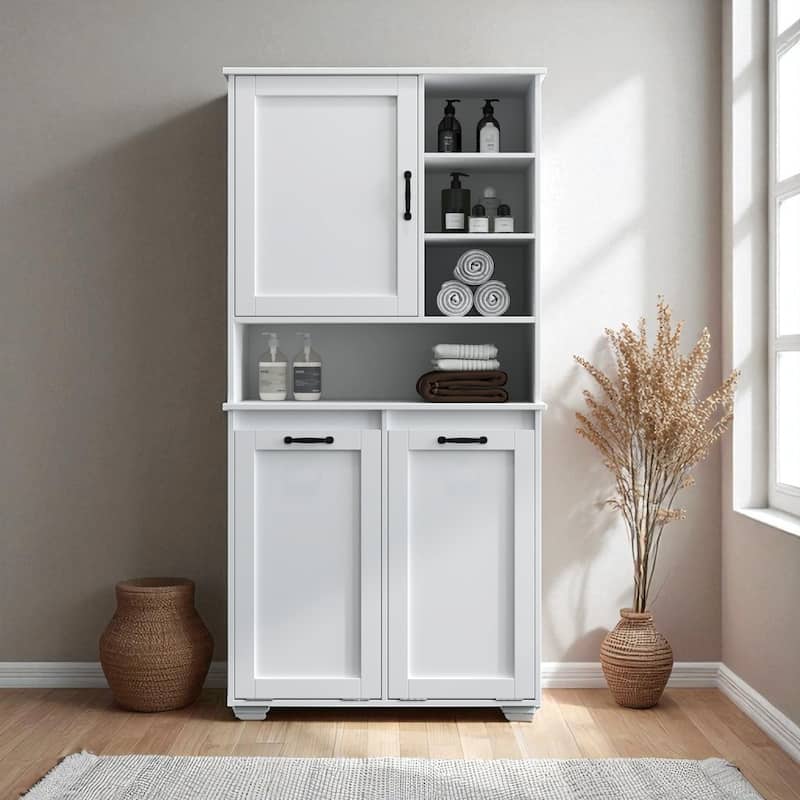 31.5" Freestanding Laundry Cabinet with Tilt-Out Laundry Hampers, Adjustable Shelves, White - White