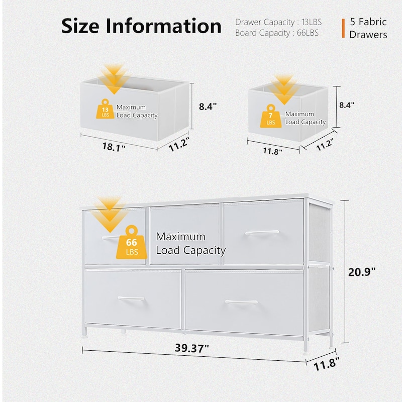Modern 5-Drawer Chest of Drawers with Fabric Bin, Steel Frame, Wood Top for Bedroom, Entryway