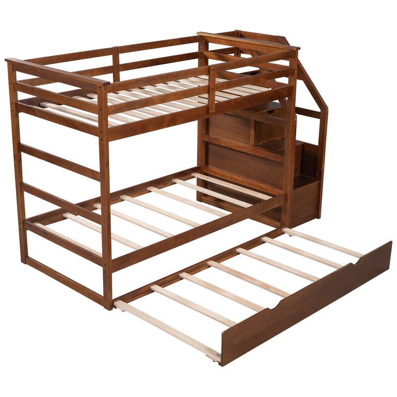 Wood Bunk Beds, Twin-Over-Twin Staircase Bunk Bed with Trundle&Storage