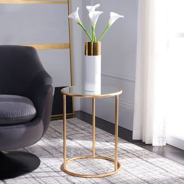 slide 1 of 9, SAFAVIEH Treasures Shay Gold/ Mirror Top Accent Table - 15" x 15" x 19.7"