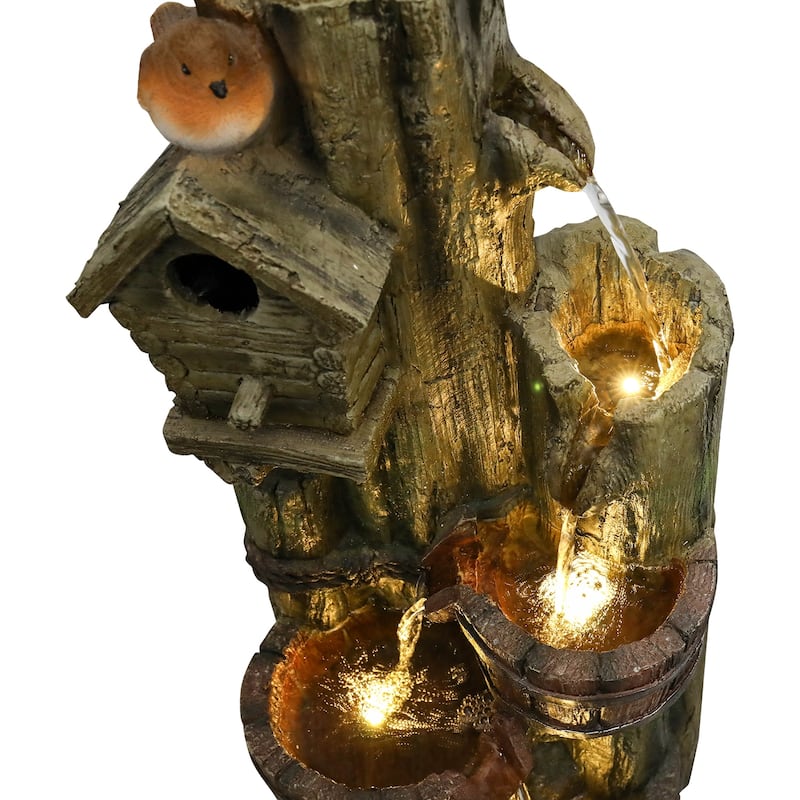 39.3in Outdoor Water Fountain w/LED Lights, Birdhouse Garden Fountain