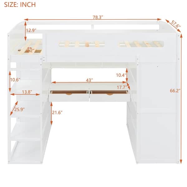 dimension image slide 1 of 3, Full Size Solid Wood Loft Bed with Desk, Wardrobes, and Shelves