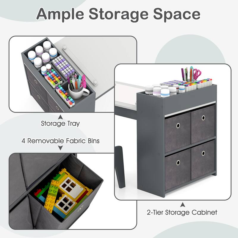 Kids Art Table and 2 Chairs Set with 4 Fabric Storage Bins and 4 Compartments - 39.5" x 20" x 23" (L x W x H)