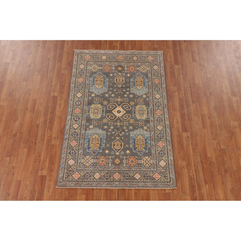 Traditional Kazak Oriental Area Rug Hand-Knotted Grey Wool Carpet - 4'1" x 6'2"