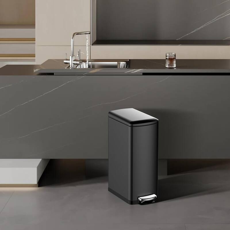 8-Gallon (30l) Slim Stainless Steel Trash Bin with Inner Bucket, Step-on ，with Soft-Close Lid - Black