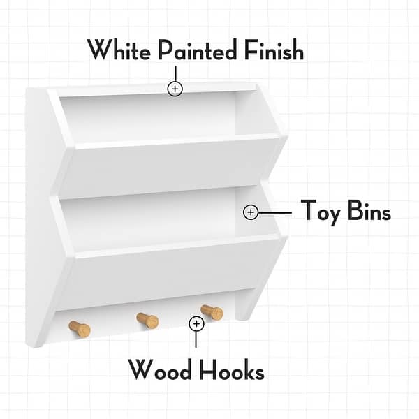 dimension image slide 1 of 2, RiverRidge Kids Catch-All Wall Bookshelf with 2 Toy Storage Cubbies and 3 Wooden Hooks for Playroom, Nursery - White