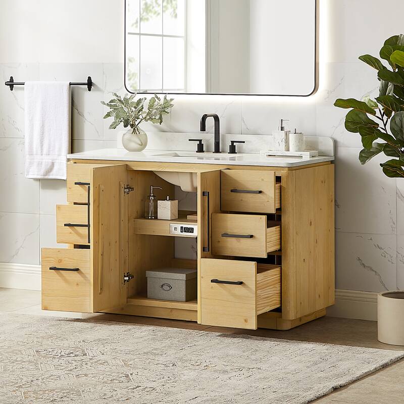 Serene Bathroom Vanity in Nature Brown with Grain White Engineered Stone Countertop without Mirror