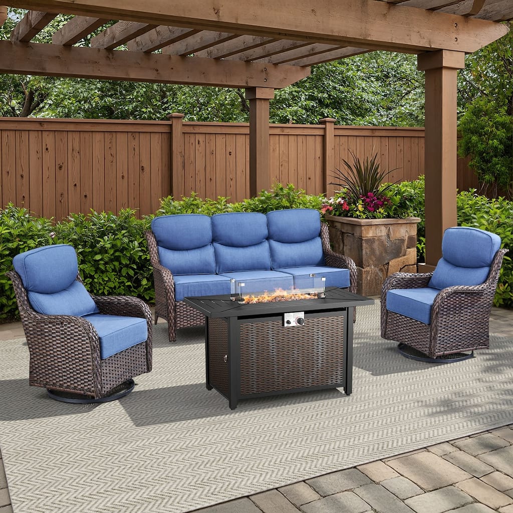 Arcadia 4-Piece PE Wicker Patio Seating Set with Durable All-Iron Fire Pit and 6-Inch Cushions