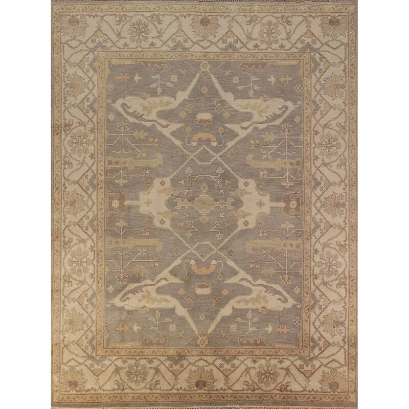 Gray Transitional Oushak Area Rug Hand-Knotted Floral Wool Carpet - 7'11"x 9'9"