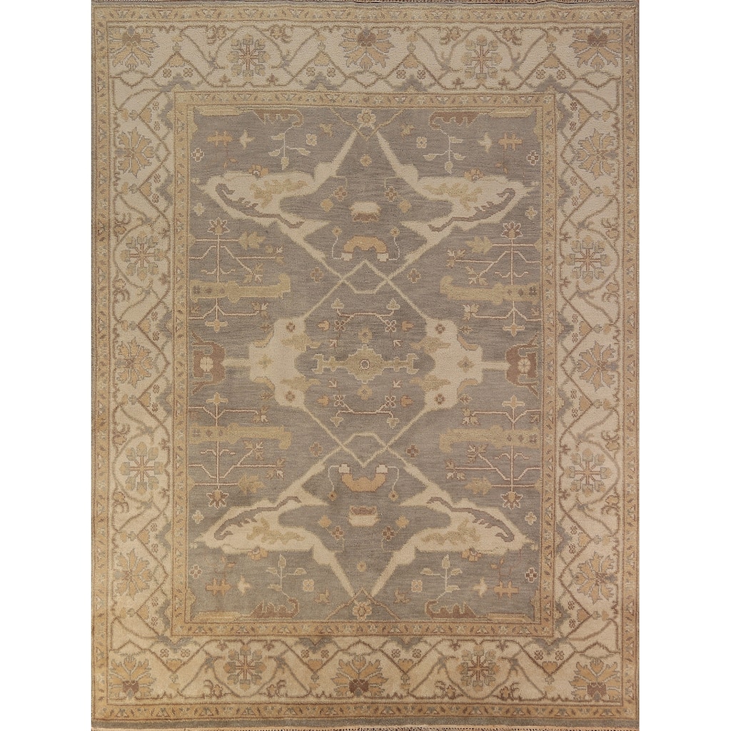 Gray Transitional Oushak Area Rug Hand-Knotted Floral Wool Carpet - 7'11"x 9'9"