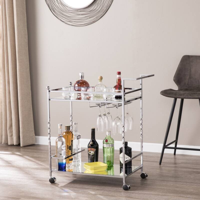 Mirrored Glass Bar Cart with Wheels and Metal Wine Rack - 29” x 15.75” x 31.5”