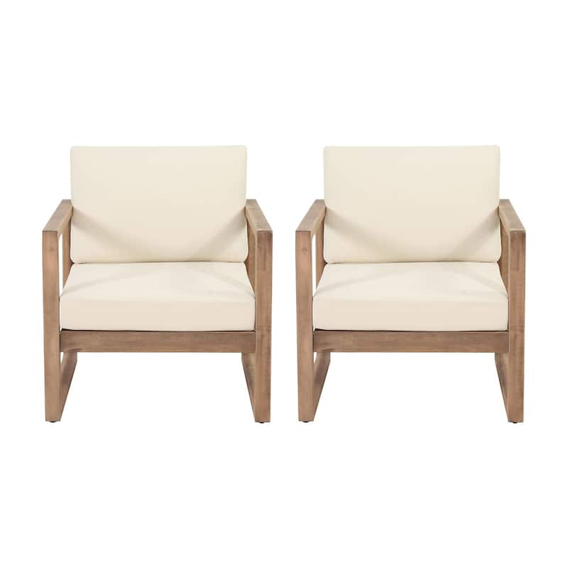 Roomfitters Set of 2 Outdoor Acacia Wood Club Chairs with Waterproof Cushions, Deep Seating for Patio or Porch, Brown+Beige