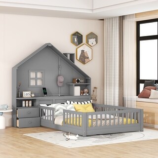 Grey Floor Bed wHouse-shaped Frame, Window, Hook up, Full Platform Bed wBedside Drawers, Shelf, Sockets, USB Port, Guardrail