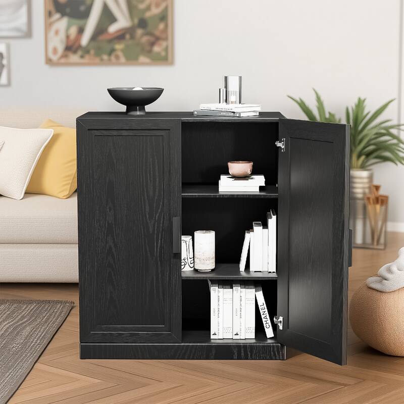 Wooden Accent Cabinet Storage Modern Sideboard Buffet Cabinet with Adjustable Shelf for Living Room Dining Room Entryway - 36" x 31" x 16" - Black