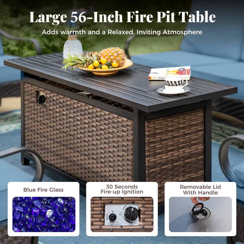 MAISON ARTS Patio Furniture Set with 56" Fire Pit Table, Deep Seating Sofa & Swivel, Rocking, and Fixed Chairs (5 Seats, Beige)