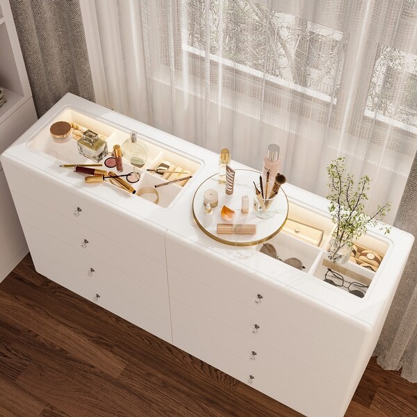 Elegant White 8 - drawer Dresser: Glass Top, Rounded Corners & Tri