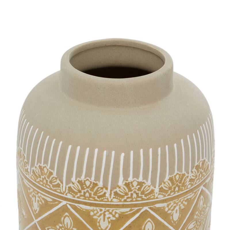Beige Ceramic Handmade Floral Decorative Vase with Diamond Pattern (Set of 2)