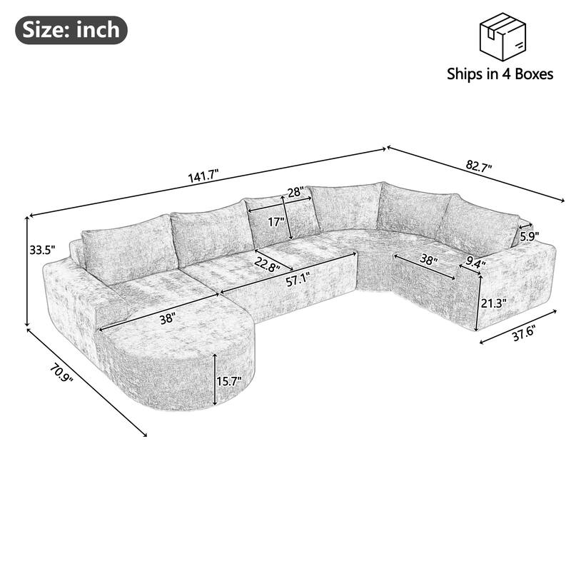 Chenille U-shaped Sofa, Cloud Sectional Sofa Set Upholstered Deep Seat Couches with 6 Pillow Recliner Sofa for Living Room