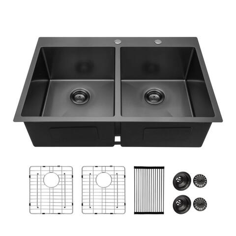 Lordear Gunmetal Black Drop-in Kitchen Sink Double Bowl