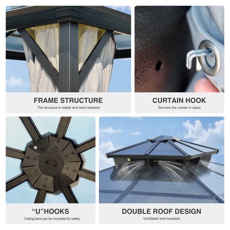 8 x 8FT Hardtop BBQ Gazebo with UV-Resistant Roof and Storage Hooks for Outdoor Use