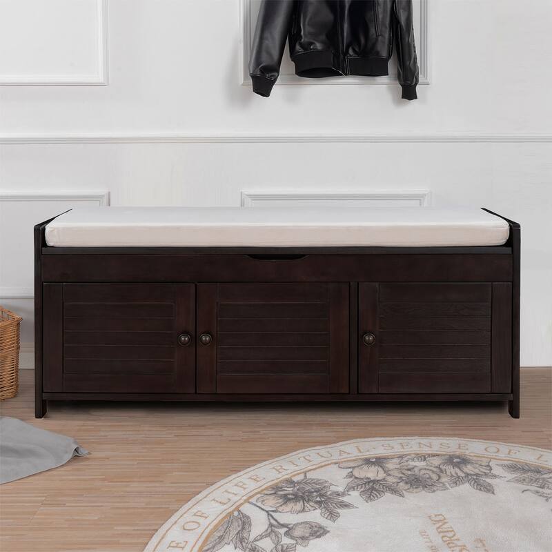Classic Modern Storage Bench with Two Cabinets and Flip-Top Storage - Espresso