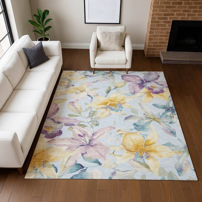 Machine Washable Indoor/ Outdoor Modern Floral Chantille Rug
