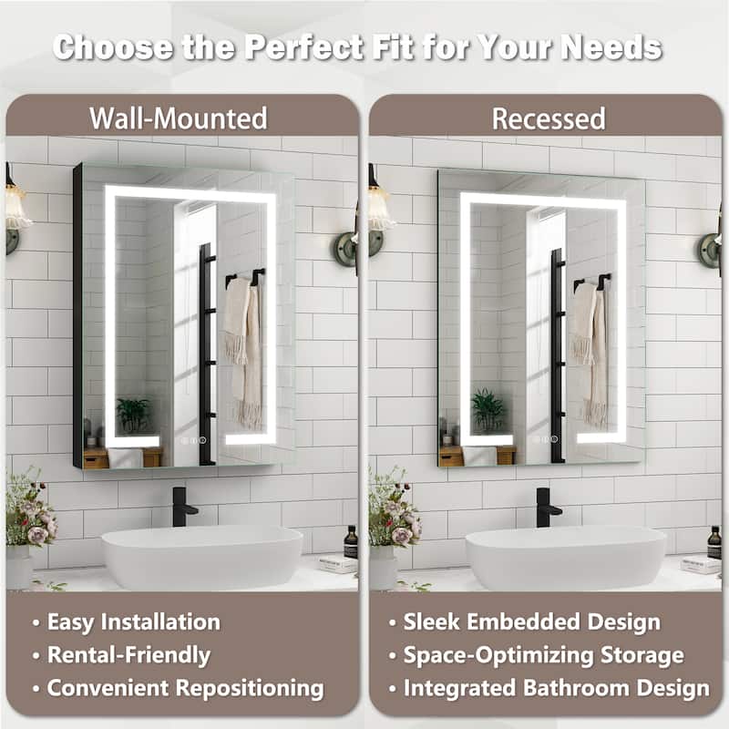 Rectangular Aluminum Recessed/Surface Mount Frameless Anti-Fog Medicine Cabinet with Dimmable LED Lights