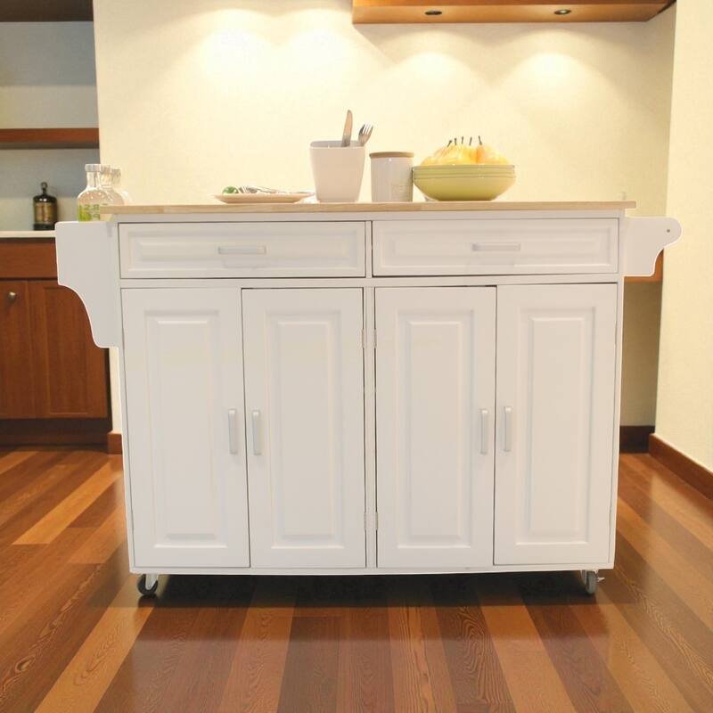 54" Mobile Kitchen Island Cart with Rubber Wood Top, 2 Drawers, Adjustable Shelves, Towel & Spice Racks on Wheels - White
