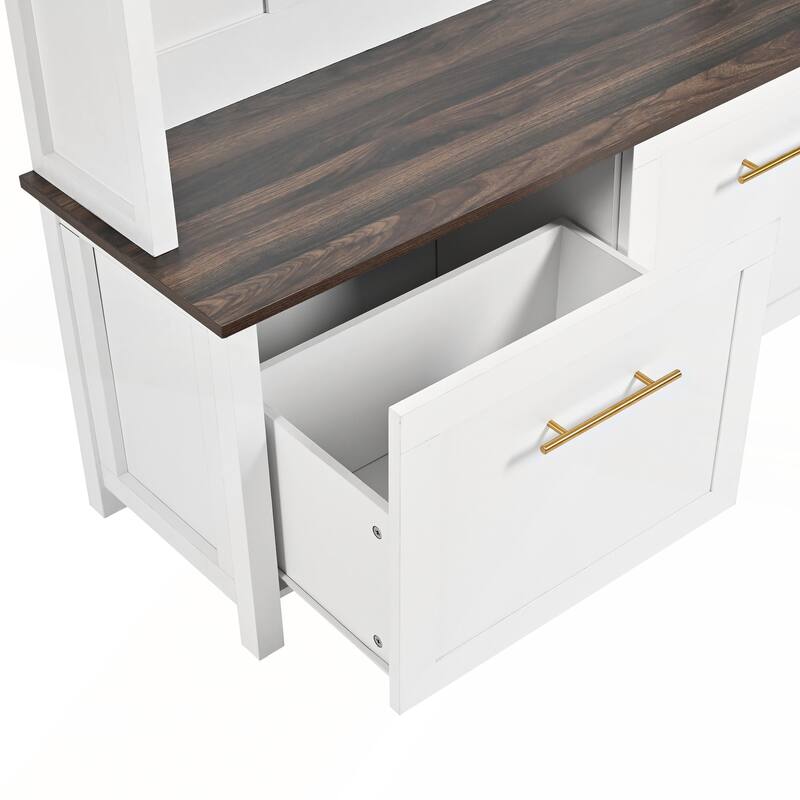 Versatile 4-in-1 Hall Tree with 6 Golden Hooks and Wood Grain Bench
