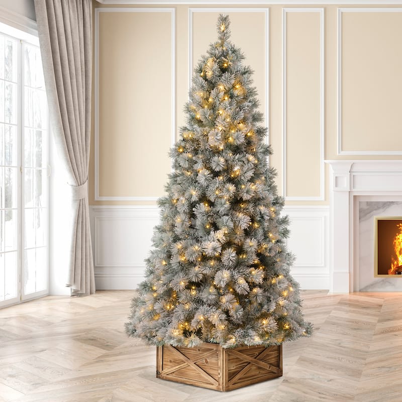 Glitzhome 6FT/7.5FT/9FT Warm White or Multi-Colored Pre-Lit Flocked Pine Artificial Christmas Tree