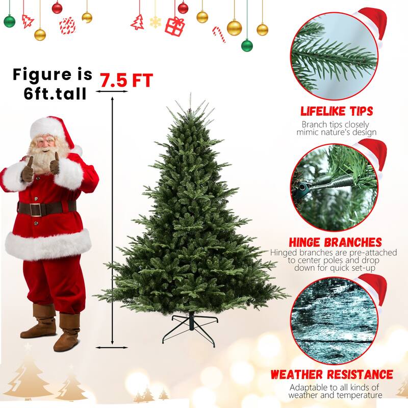 Full-Shaped 7.5FT Christmas Tree with 2441 Tips - PE/PVC Mixed Needles, Wide Base for Large Spaces, Hinged Structure,Metal Stand