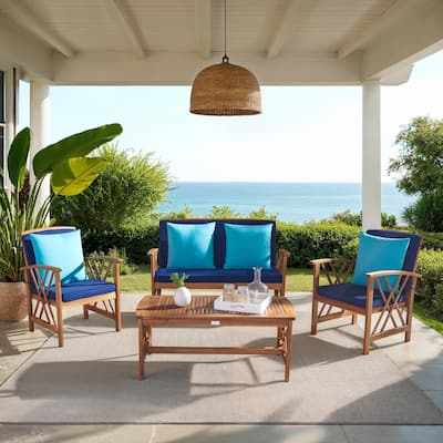 SAFAVIEH Outdoor Living Fontana Acacia/Navy Cushion 4-piece Patio Set