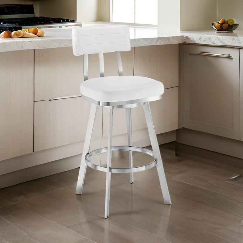 Poni 26 Inch Swivel Counter Stool Chair, Cushioned Seat, White Faux Leather