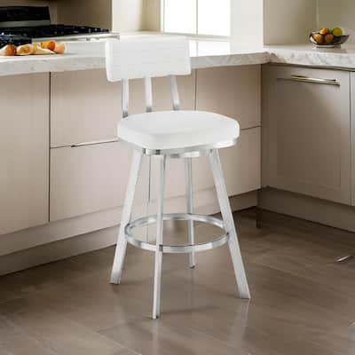 Poni 26 Inch Swivel Counter Stool Chair, Cushioned Seat, White Faux Leather