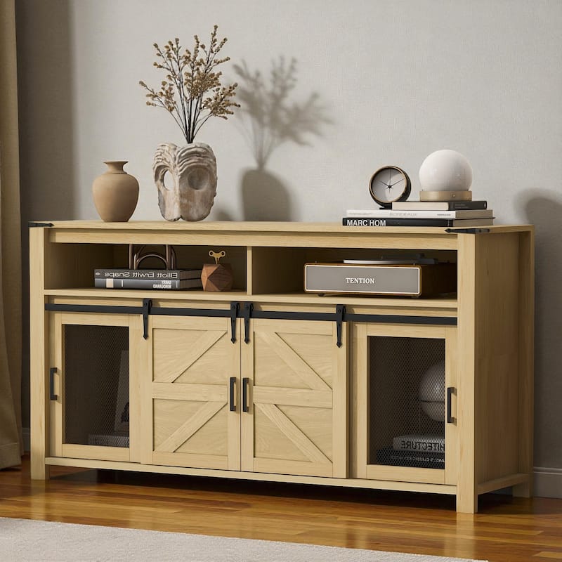 59.3" Farmhouse Sideboard with Sliding Barn Doors & Mesh Panels, Buffet Cabinet with Open Storage for Kitchen or Living Room