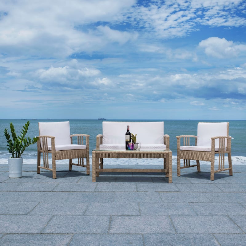 SAFAVIEH Outdoor Jeta 4-Piece Wicker Living Set - 43W x 31D x 26H - Beige/White Cushion