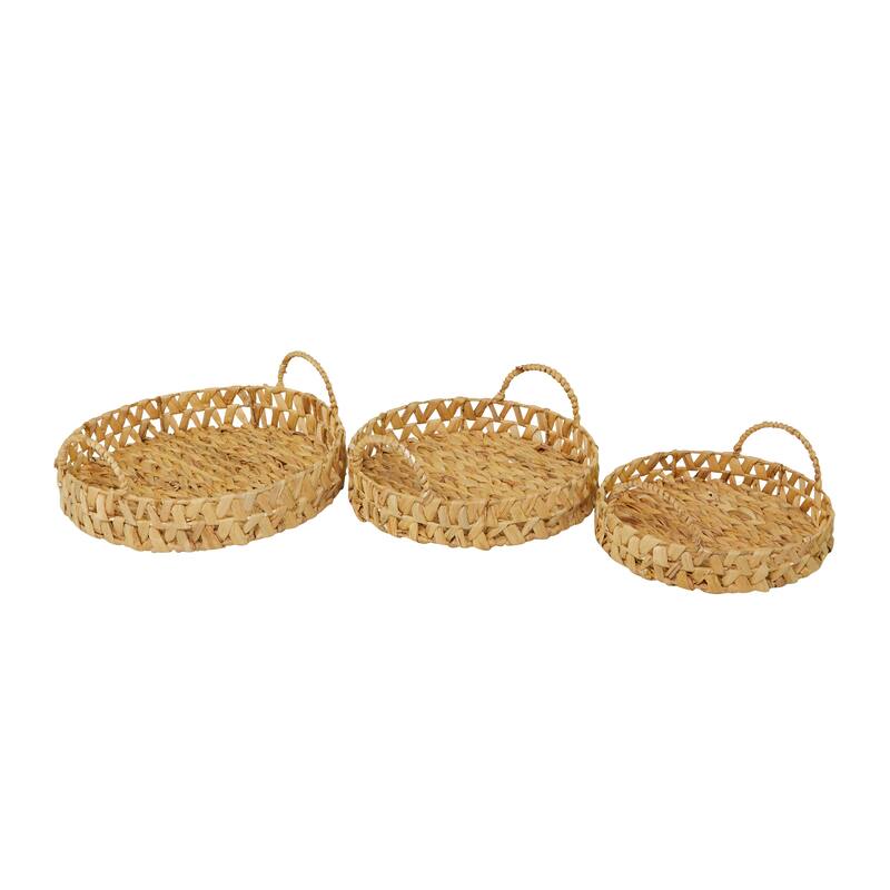 Brown Seagrass Handmade Woven Living Room Decor Tray with Handles (Set of 3) - 19", 16", 14"W