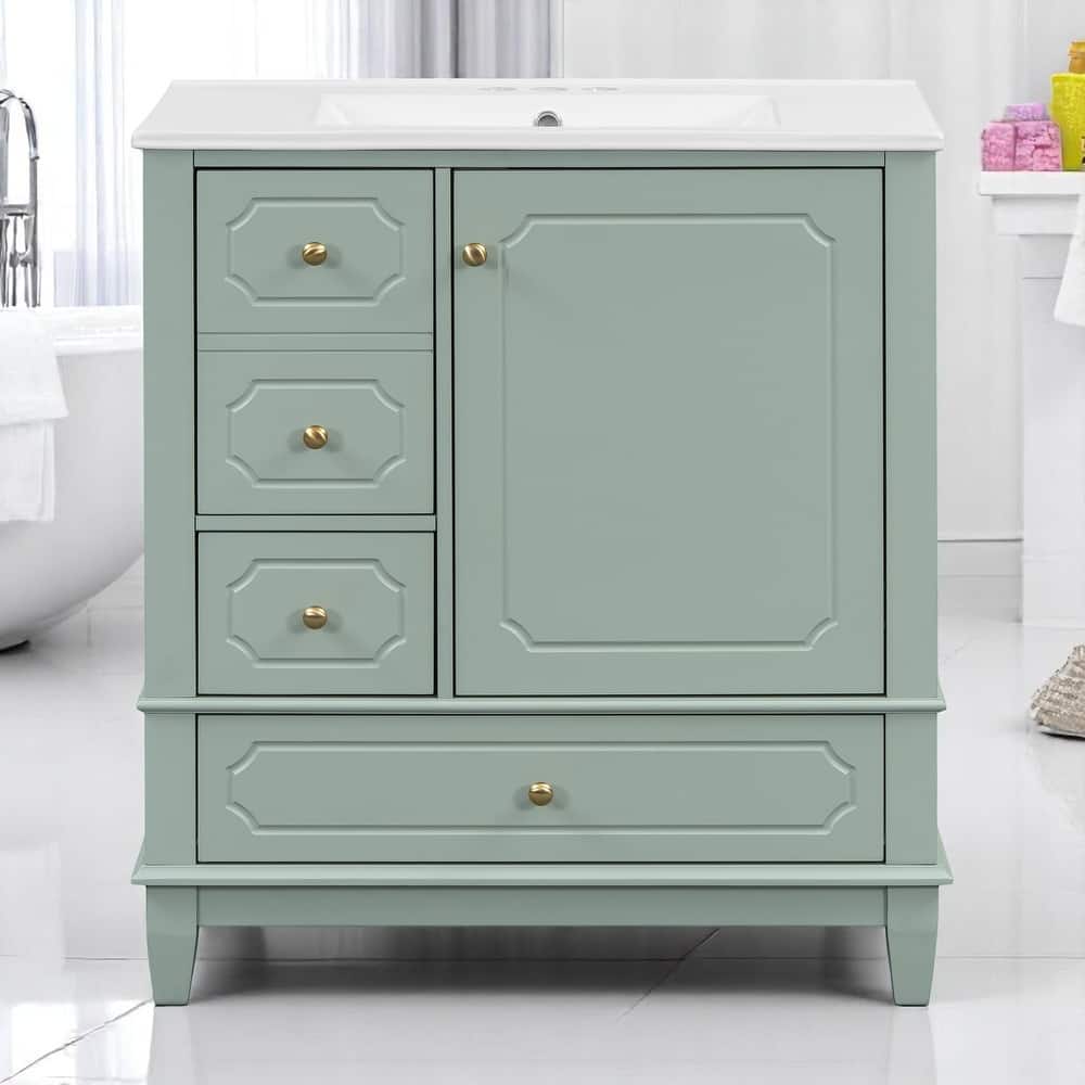 Freestanding 30 Inch Bathroom Vanity Cabinet with Sink, Soft-Close Door, Ceramic Top & Storage Shelves