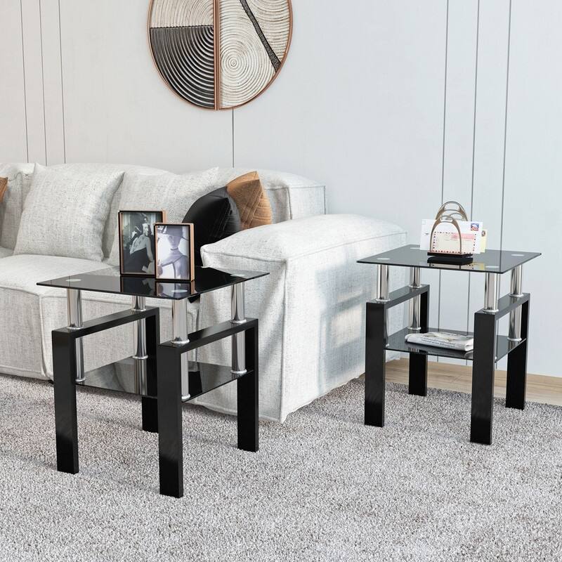 Set of 2, Modern Tempered Glass Tea Table Coffee Table End Table, Square Table for Living Room