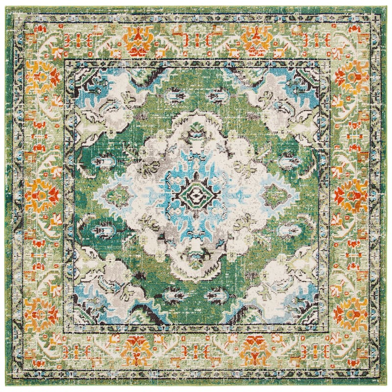 SAFAVIEH Monaco Oceane Boho Medallion Distressed Area Rug - 11' Square - Forest Green/Light Blue