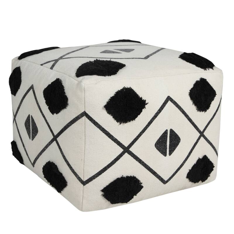 Geometric White Cotton Pouf Ottoman 18 Inch for Living Room Decor - White