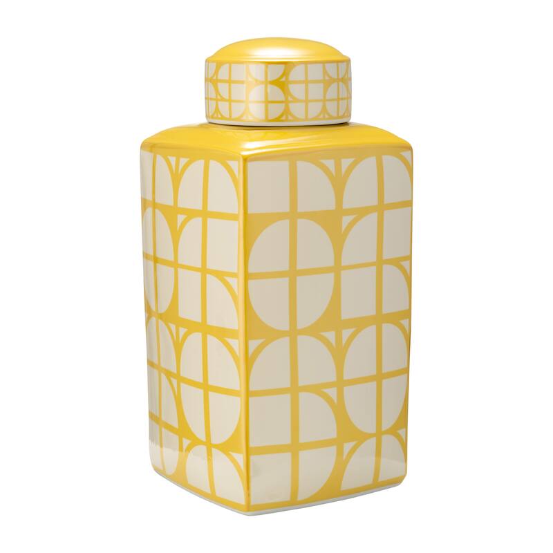 Sagebrook Home Ceramic Square Jar with Lid - 9" x 9" x 18" - Abstract Yellow