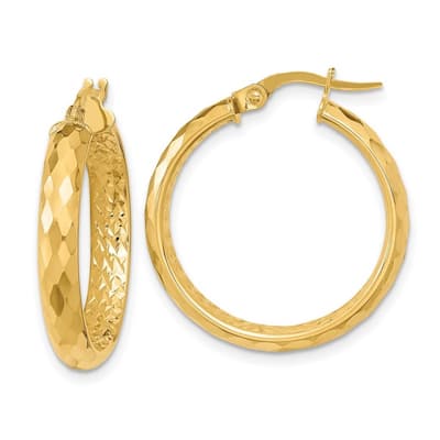 Curata 14k Yellow Gold Polished and Textured Sparkle Cut Inside Fancy Hoop Earrings 24.66x24.14mm